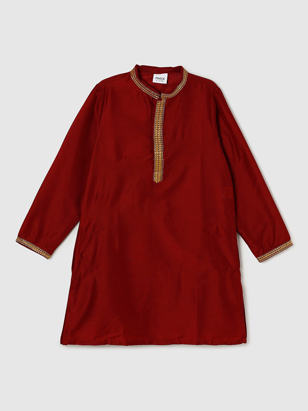 

max Boys Mandarin Collar Long Sleeves Gotta Patti Straight Fit Kurta, Maroon