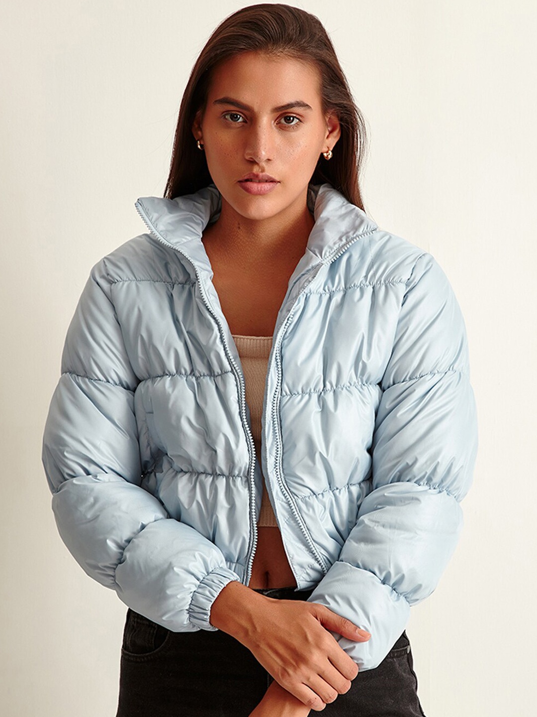 

COVER STORY Women Blue Solid Crop Puffer Jacket