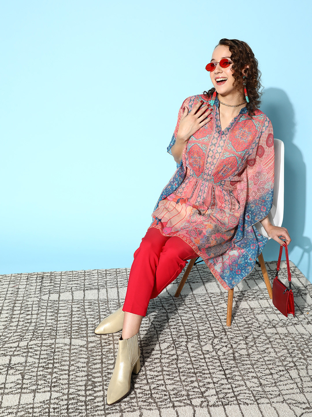 

ZOLA Red & Blue Geometric Print Kaftan Tunic