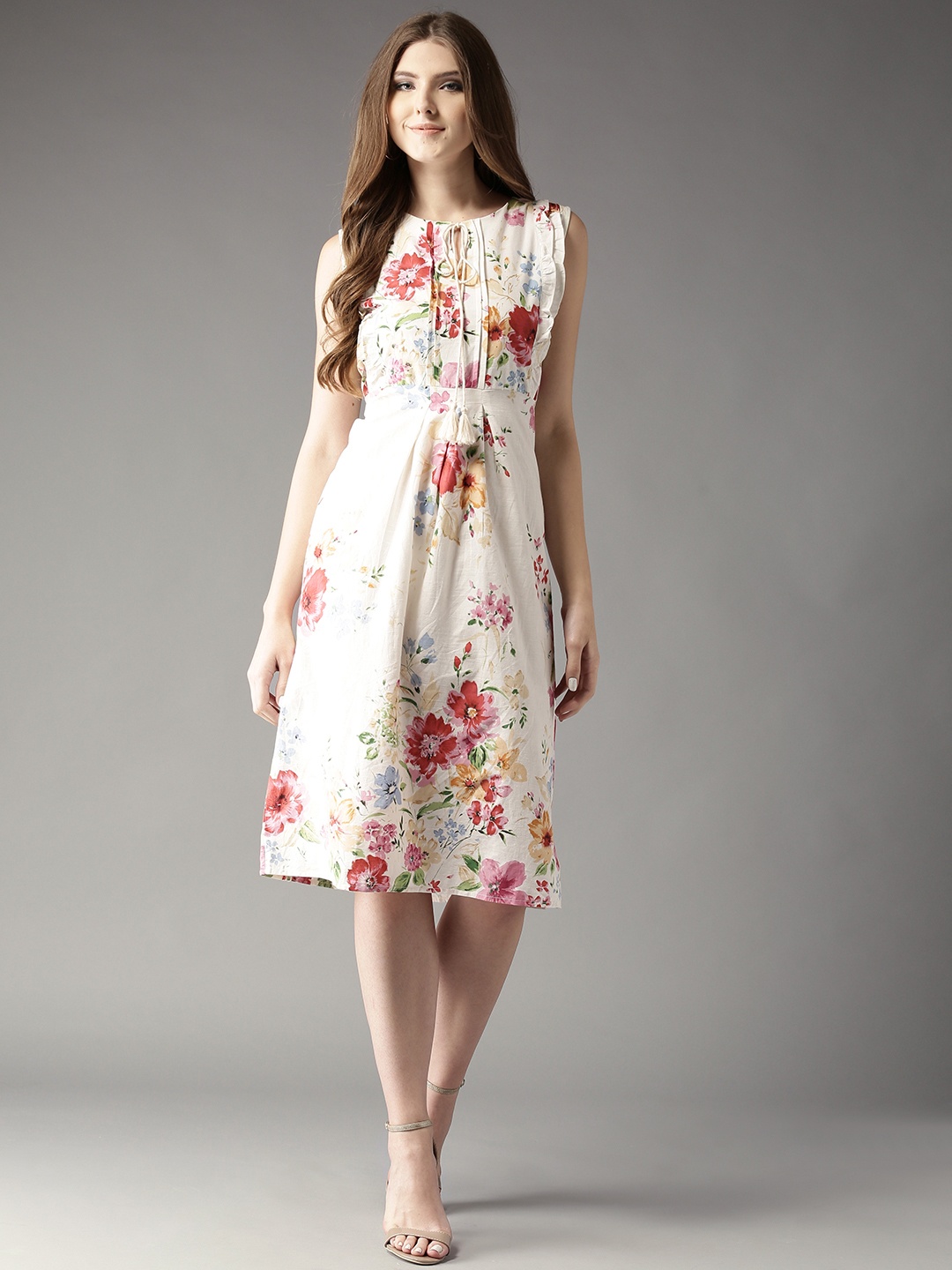 

HERE&NOW White & Pink Lightweight Cotton Floral Print Fit & Flare Dress