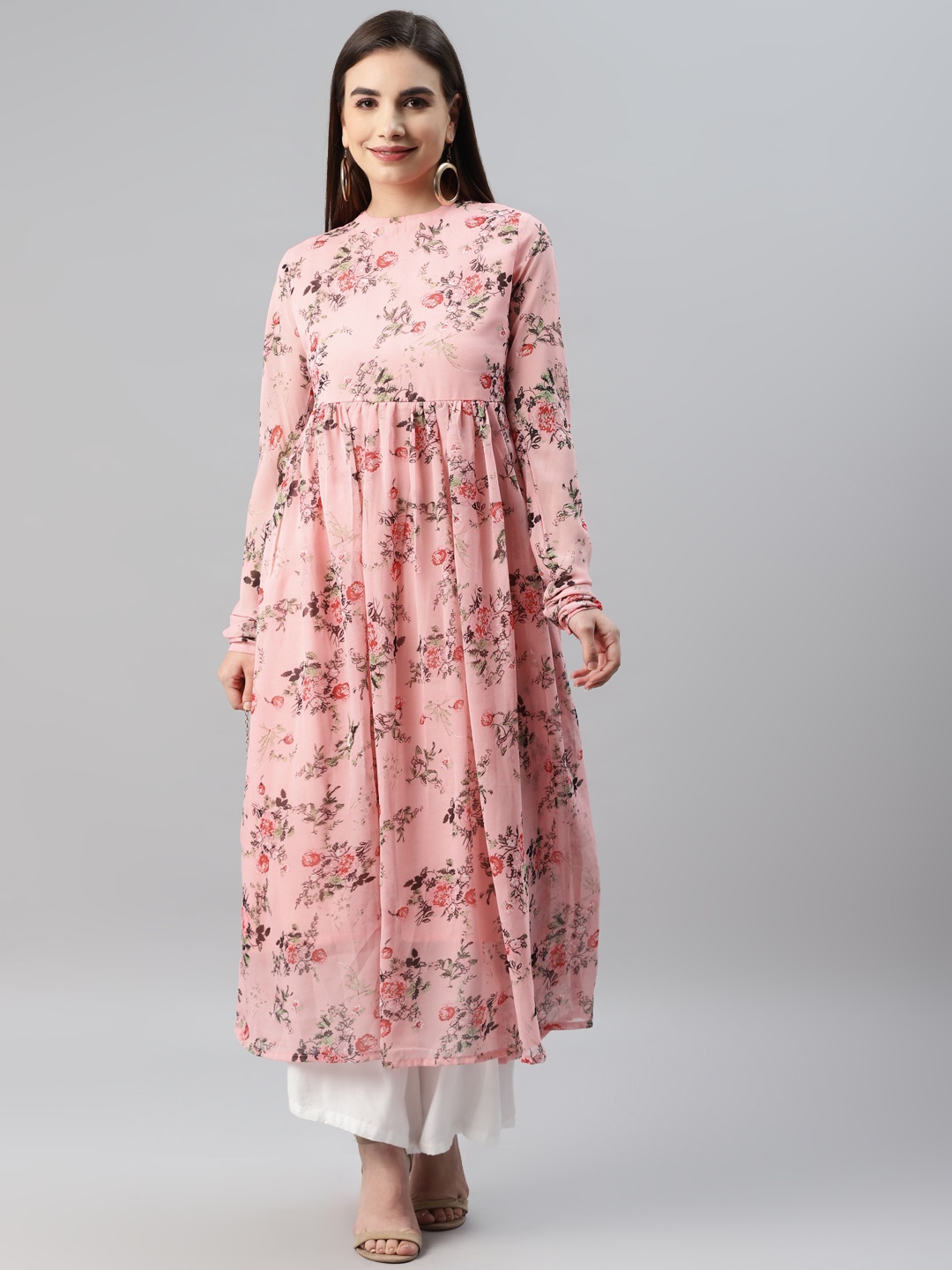 

MBE Women Pink & Brown Floral Printed Pastels Georgette Anarkali Kurta