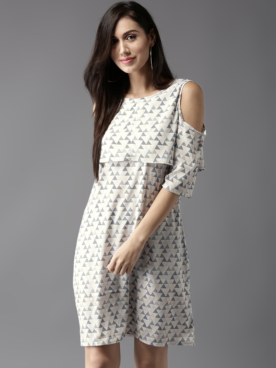 

HERE&NOW Women Off-White & Navy Printed Layered Shift Dress