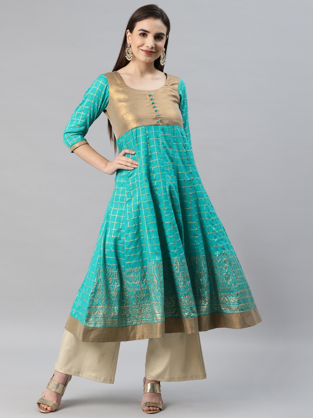 

MBE Women Blue & Gold-Toned Ethnic Motifs Checked Block Print Anarkali Kurta