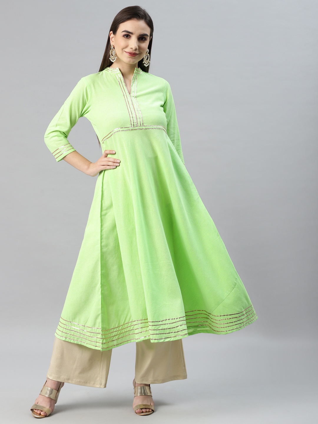 MBE Women Lime Green Striped Gotta Patti Anarkali Kurta