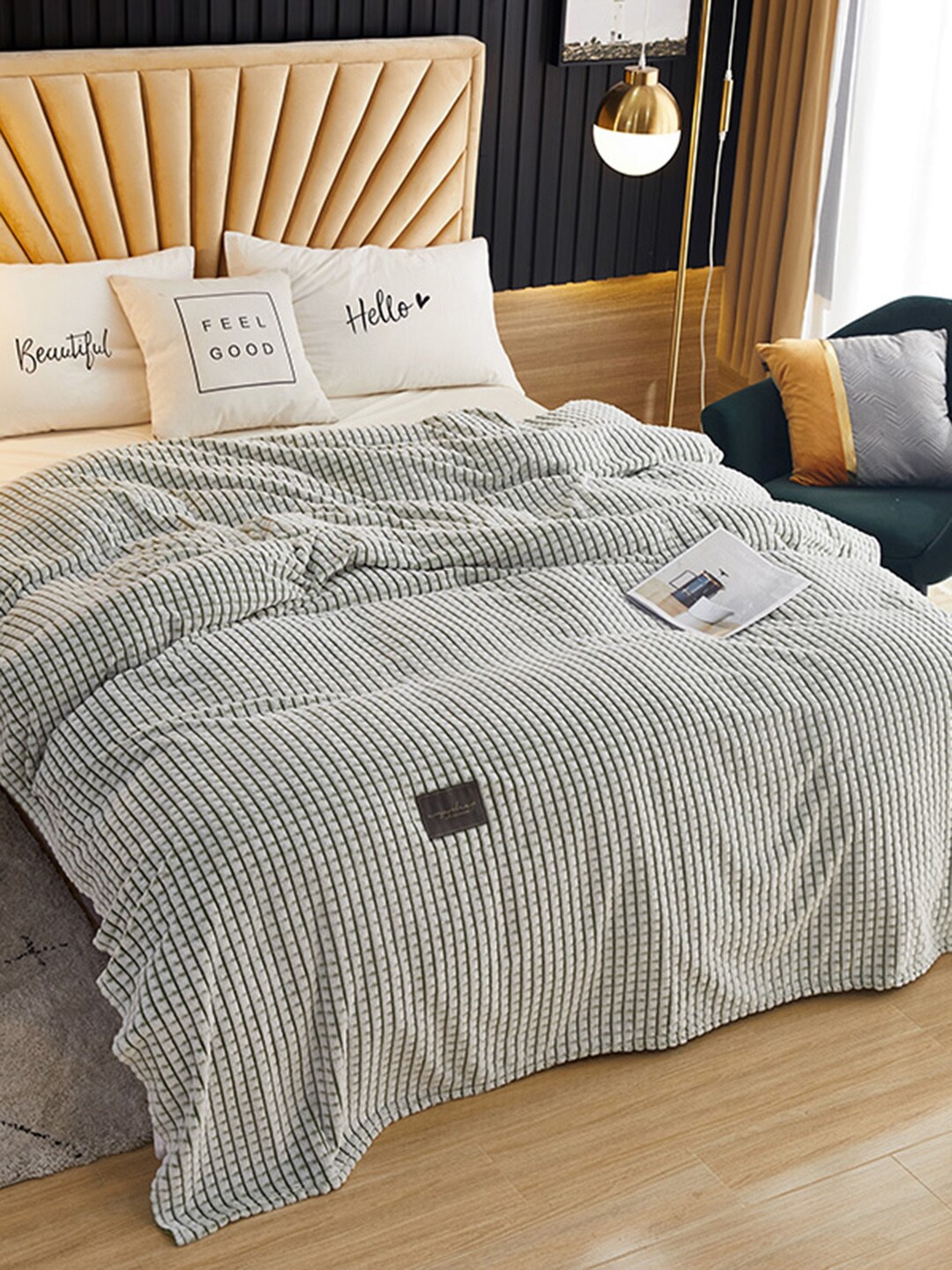 

JC Collection White & Green Striped Mild Winter 233 GSM Double Bed Blanket