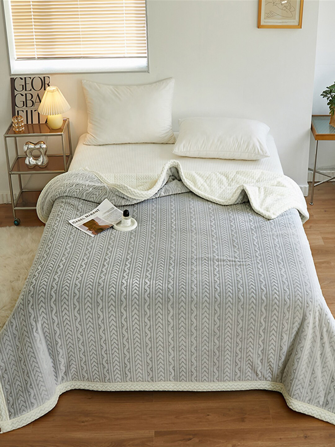 

JC Collection Grey & White Striped Mild Winter 600 GSM Double Bed Blanket