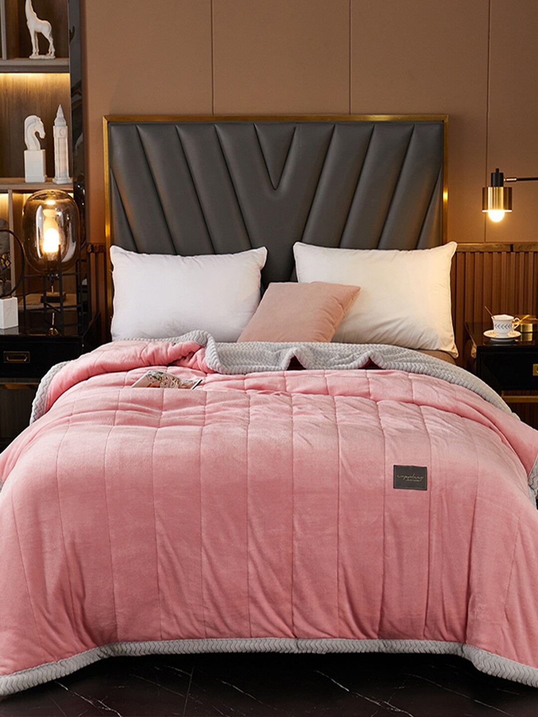 

JC Collection Pink & Grey Striped Mild Winter 600 GSM Double Bed Blanket