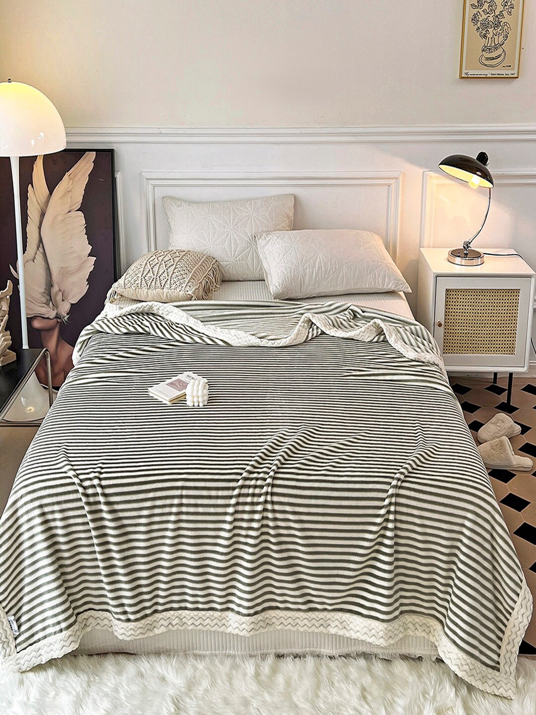 

JC Collection Green & White Striped Mild Winter 350 GSM Double Bed Blanket