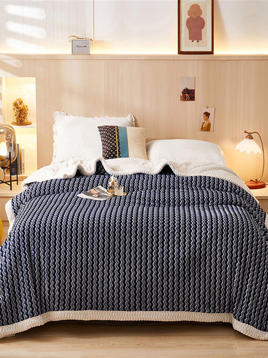 

JC Collection Navy Blue & White Striped Mild Winter 600 GSM Double Bed Blanket