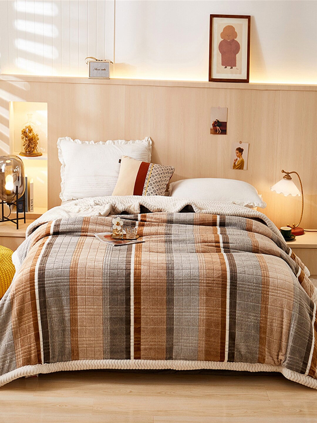 

JC Collection Grey & White Striped Mild Winter 550 GSM Double Bed Blanket