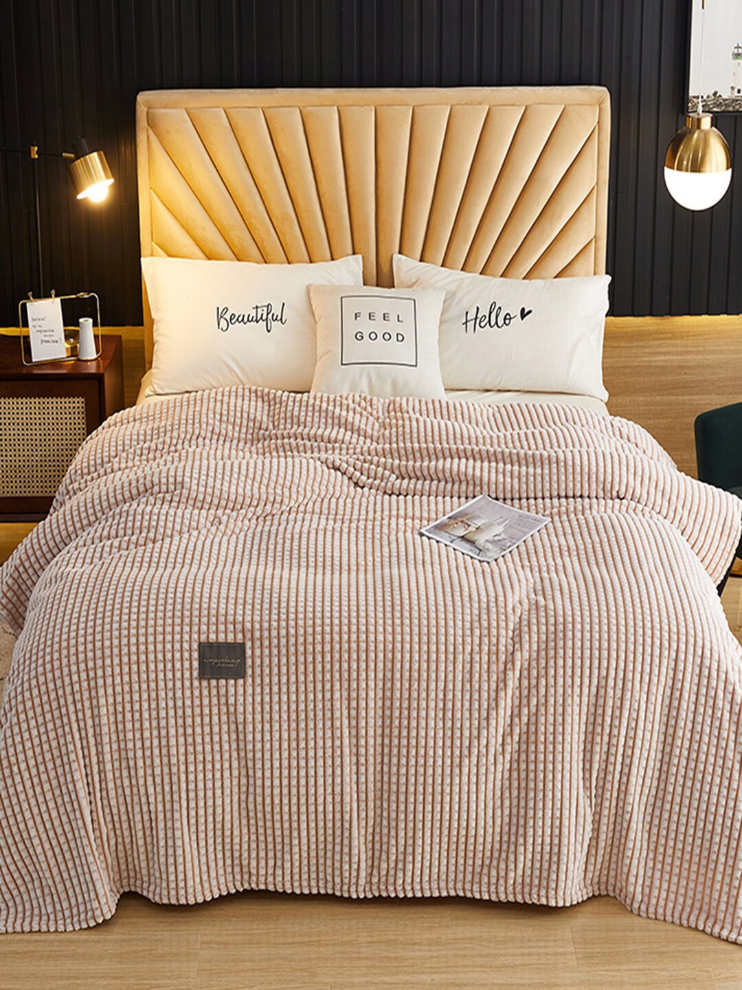 

JC Collection Khaki & White Striped Mild Winter 233 GSM Double Bed Blanket
