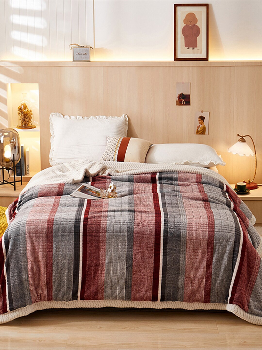 

JC Collection Red & Grey Striped Mild Winter 550 GSM Double Bed Blanket