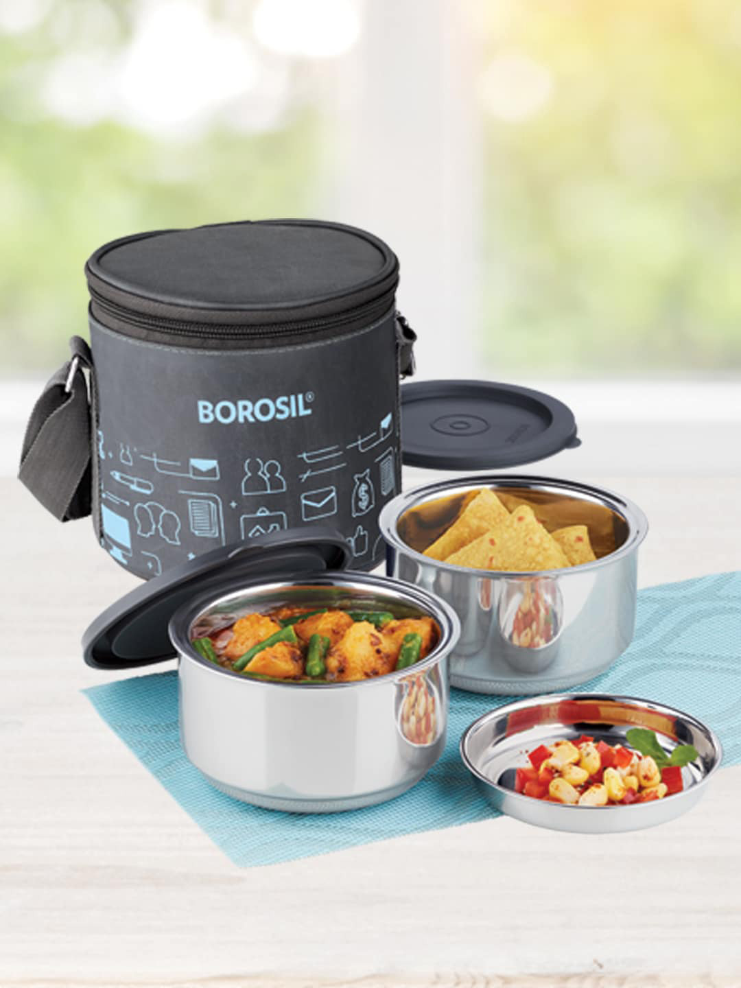

BOROSIL Carry Fresh Set of 2 Dishwasher Safe Stainless Steel Lunch Box With Bag, Grey