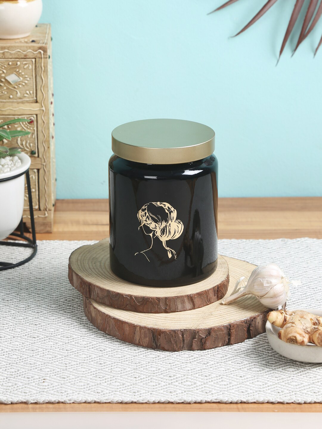 

Storehaus Black & Beige Solid Storage Jar- Metalic Lid, 590 ml