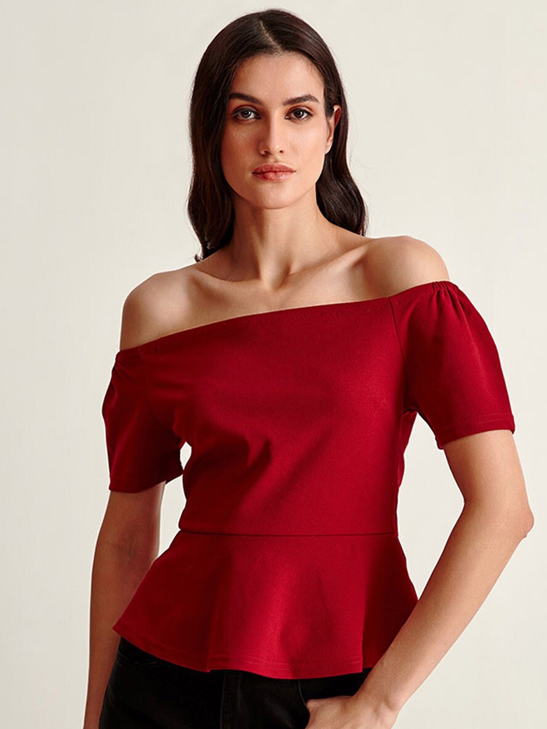 

COVER STORY Women Maroon Solid Off-Shoulder Bardot Top