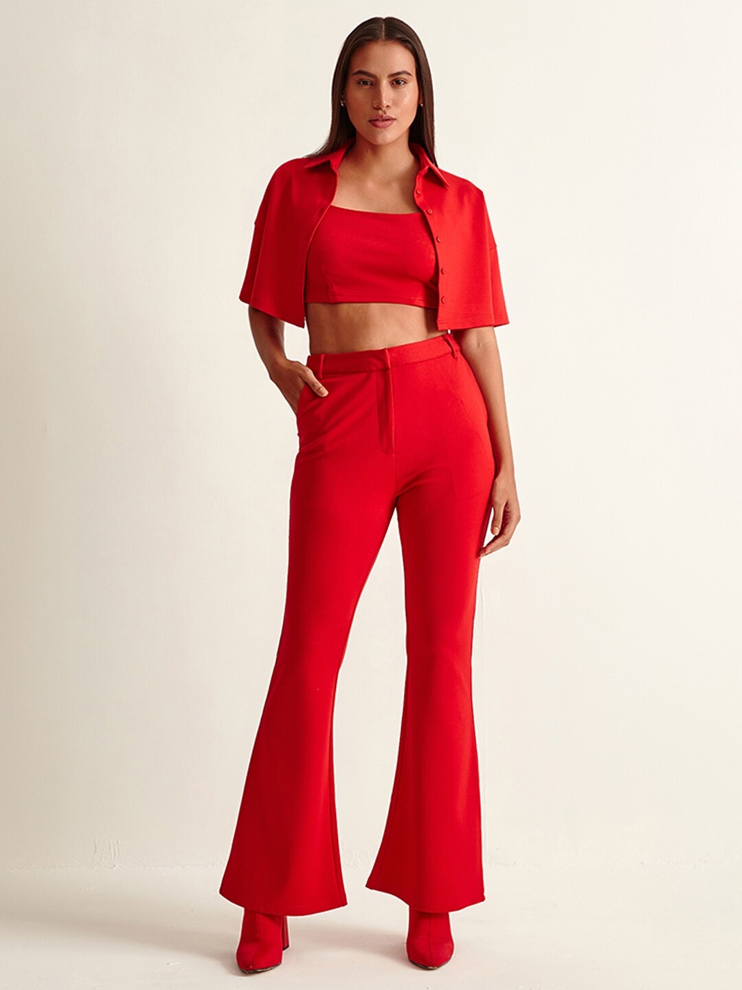 

COVER STORY Women Red Solid Shirt Style Crop Top