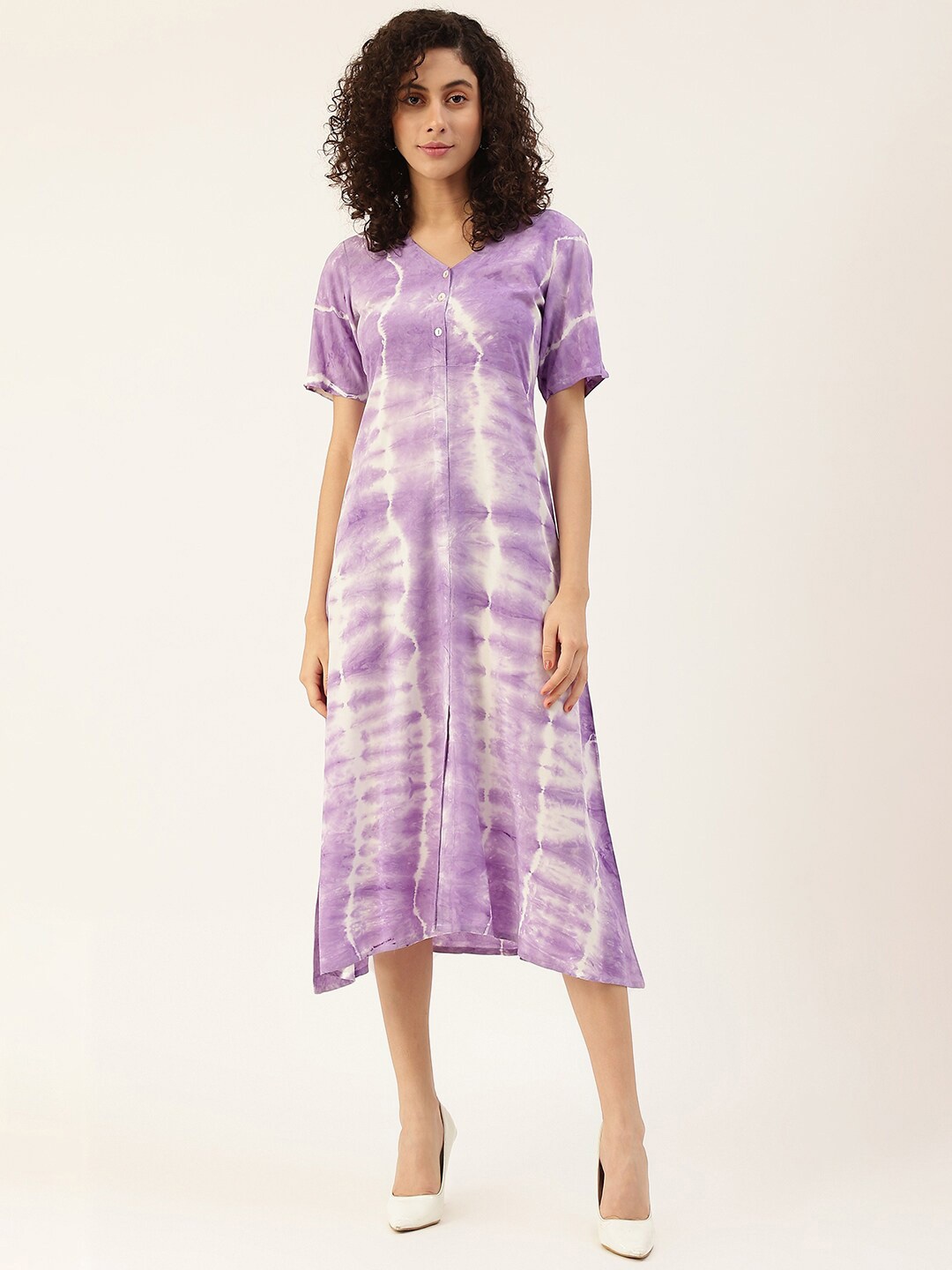 

Maaesa Lavender & White Tie and Dye A-Line Midi Dress
