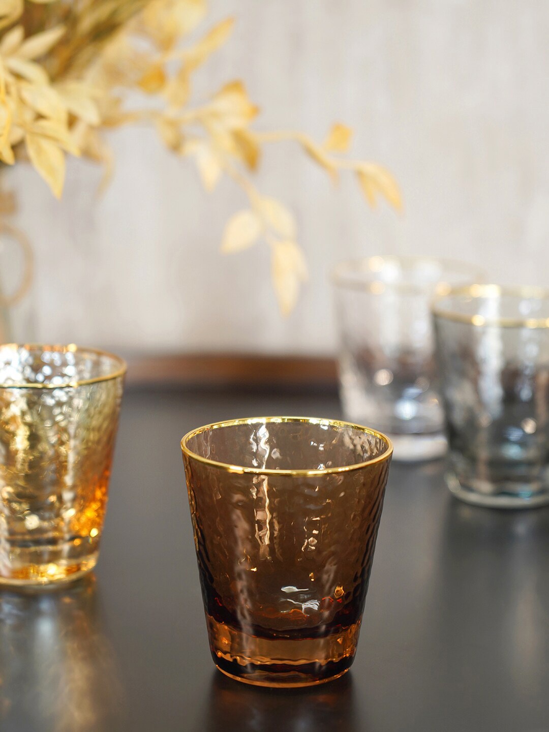 

Pure Home and Living Citrine Brown Set Of 4Hammered Solid Water Or Juice Glasses