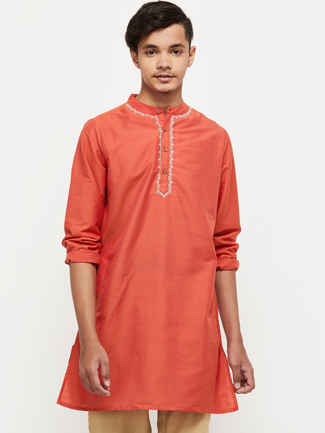 

max Boys Mandarin Collar Long Sleeves Thread Work Kurta, Orange