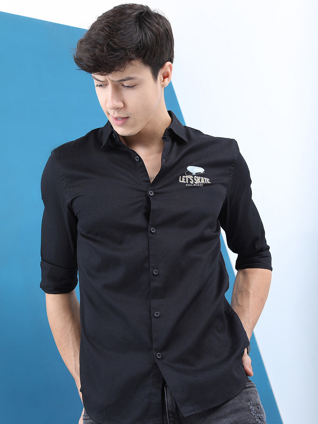 

HIGHLANDER Cotton Slim Fit Printed Casual Shirt, Black