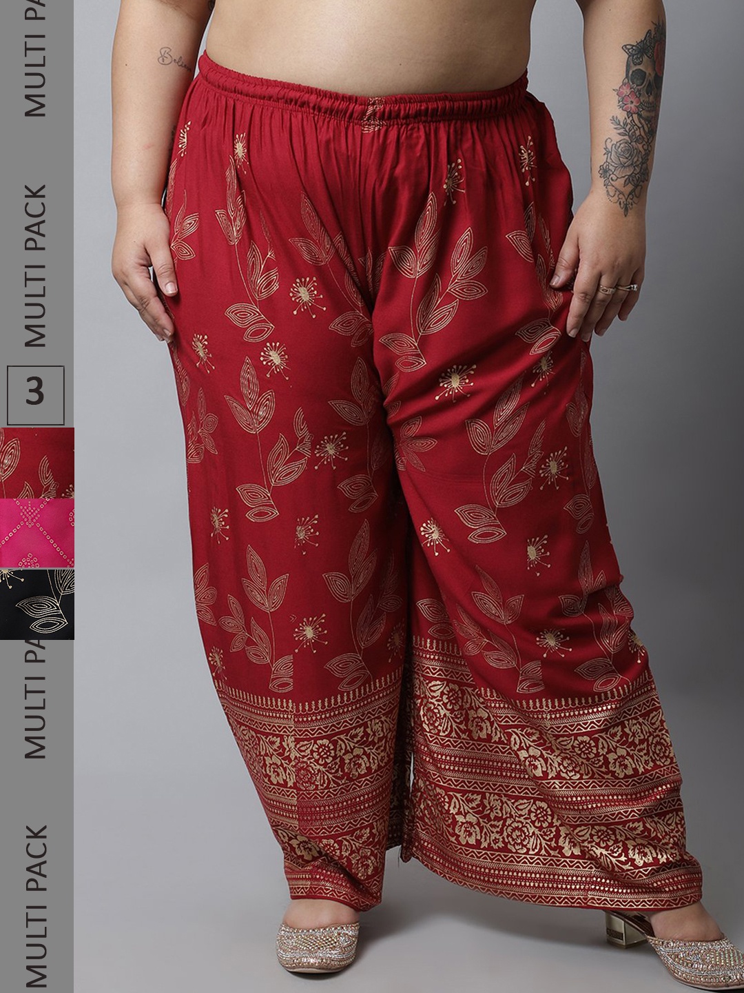 

Miaz Lifestyle Pack Of 3 Women Pink & Maroon Floral Printed Knitted Ethnic Palazzos