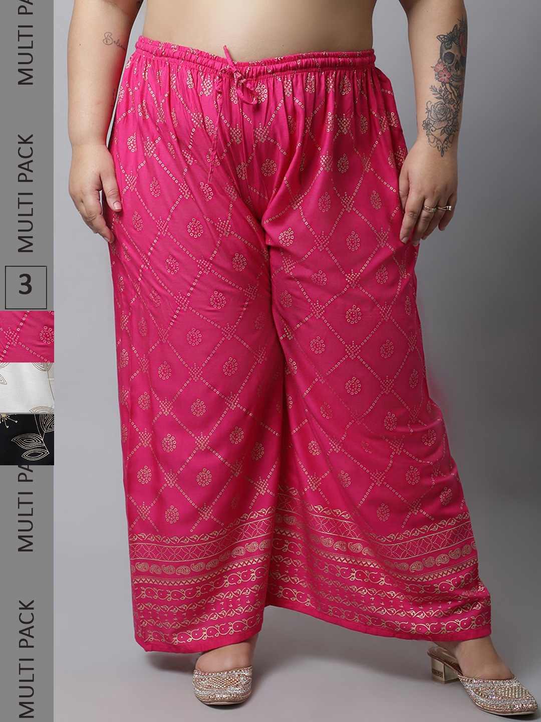 

Miaz Lifestyle Pack Of 3 Women Pink & Black Floral Printed Knitted Ethnic Palazzos