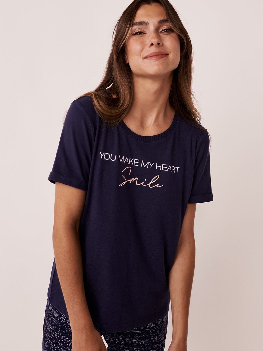 

La Vie en Rose Women Blue Printed Lounge Tshirts, Navy blue