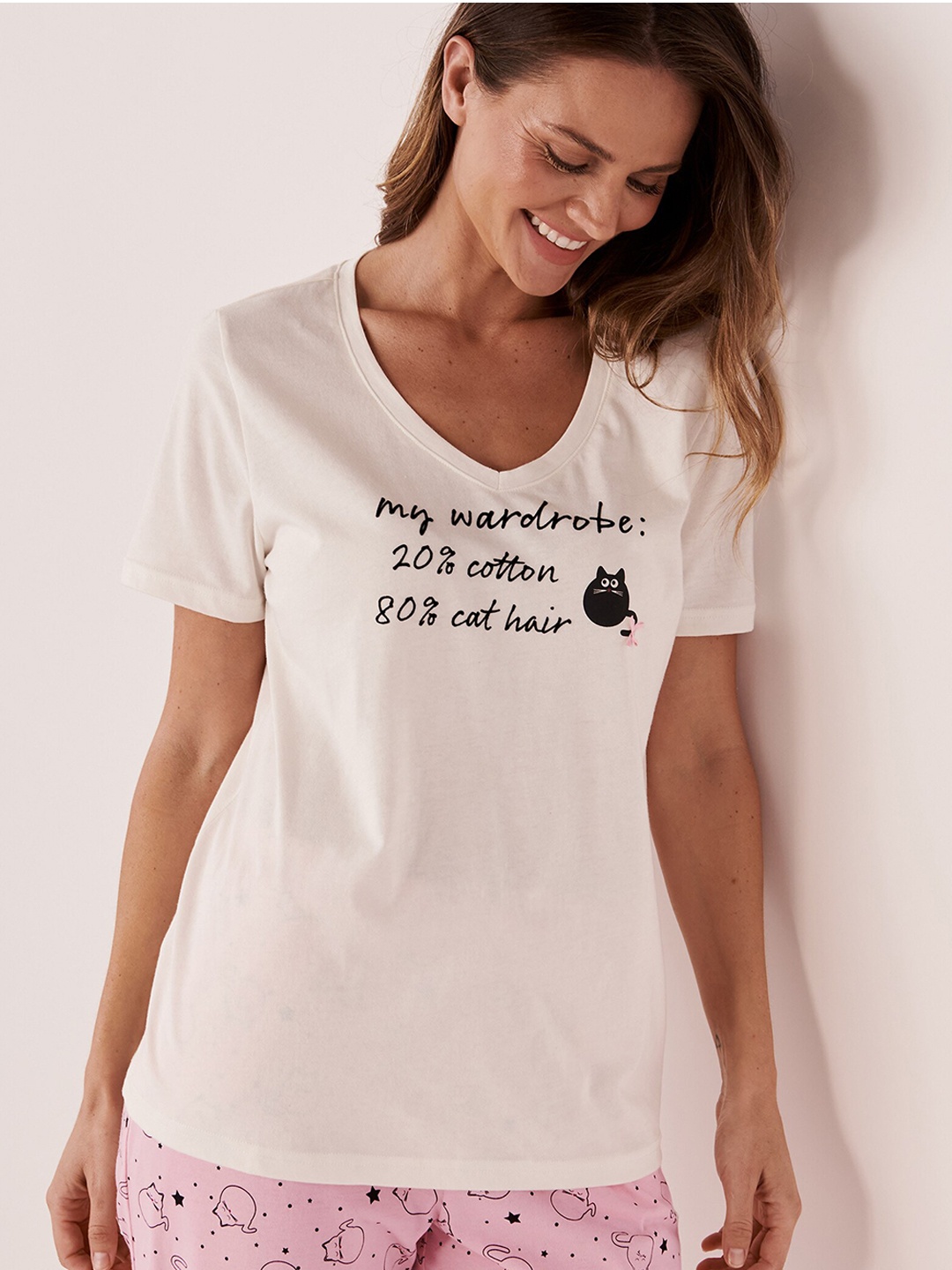 

La Vie en Rose Women White & Black Printed Pure Cotton Lounge Tshirts