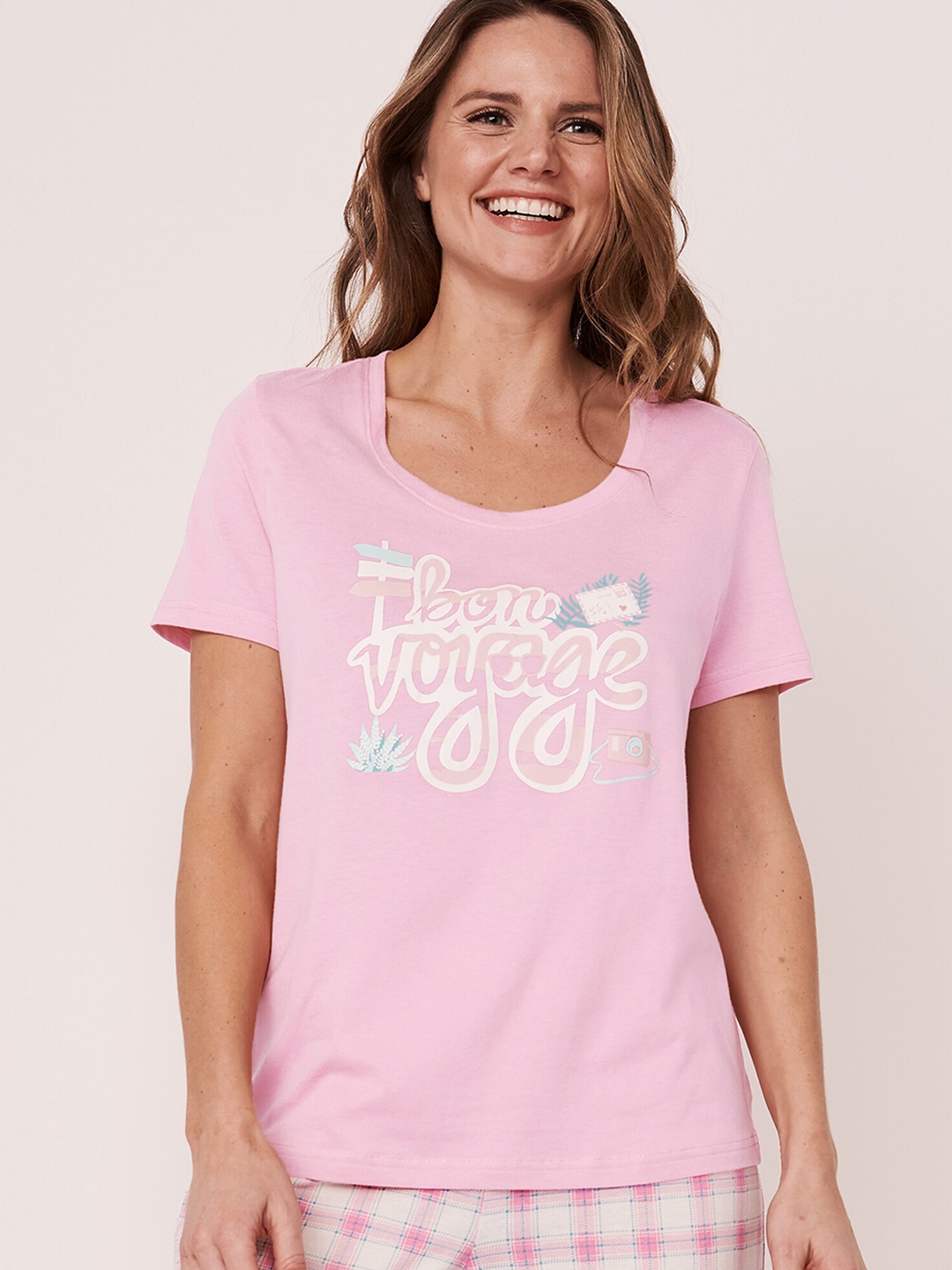 

La Vie en Rose Women Pink & White Printed Pure Cotton Lounge Tshirts