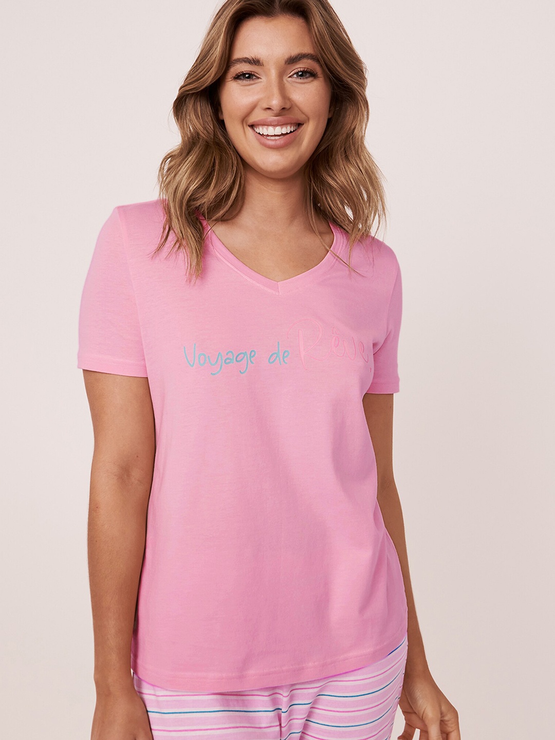

La Vie en Rose Women Pink & Blue Printed Pure Cotton Lounge Tshirts