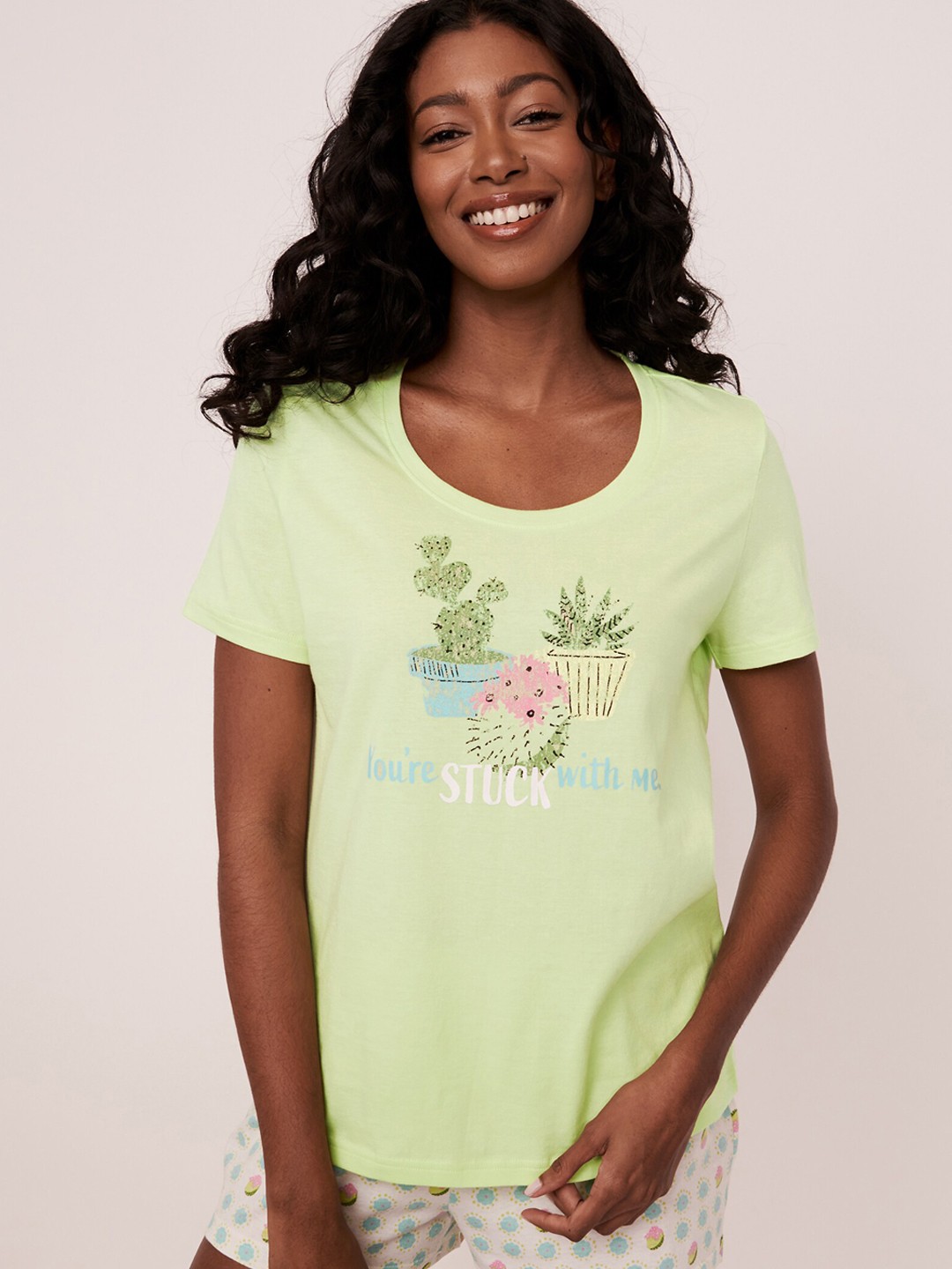 

La Vie en Rose Women Green & Pink Printed Pure Cotton Lounge Tshirts