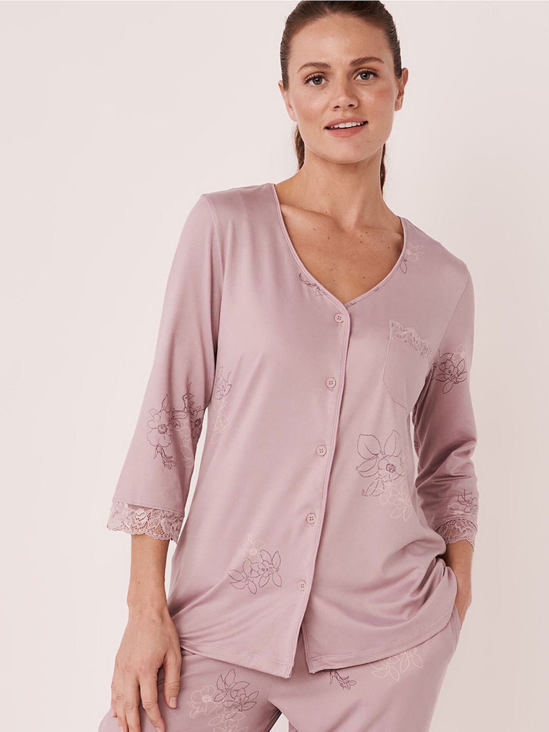 

La Vie en Rose Women Pink Printed V-Neck Lounge T-shirts