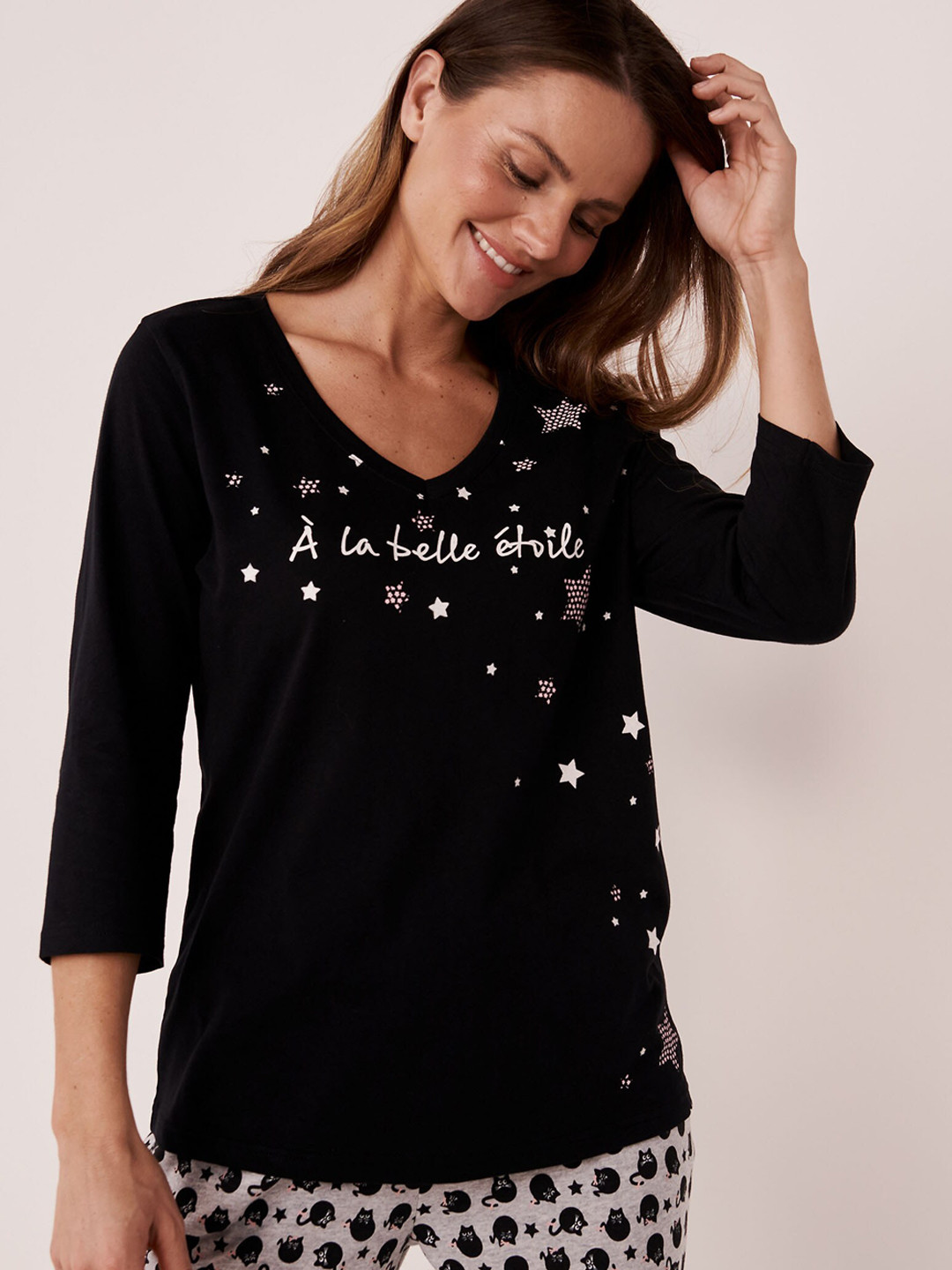 

La Vie en Rose Women Black & White Printed Pure Cotton Lounge Tshirts
