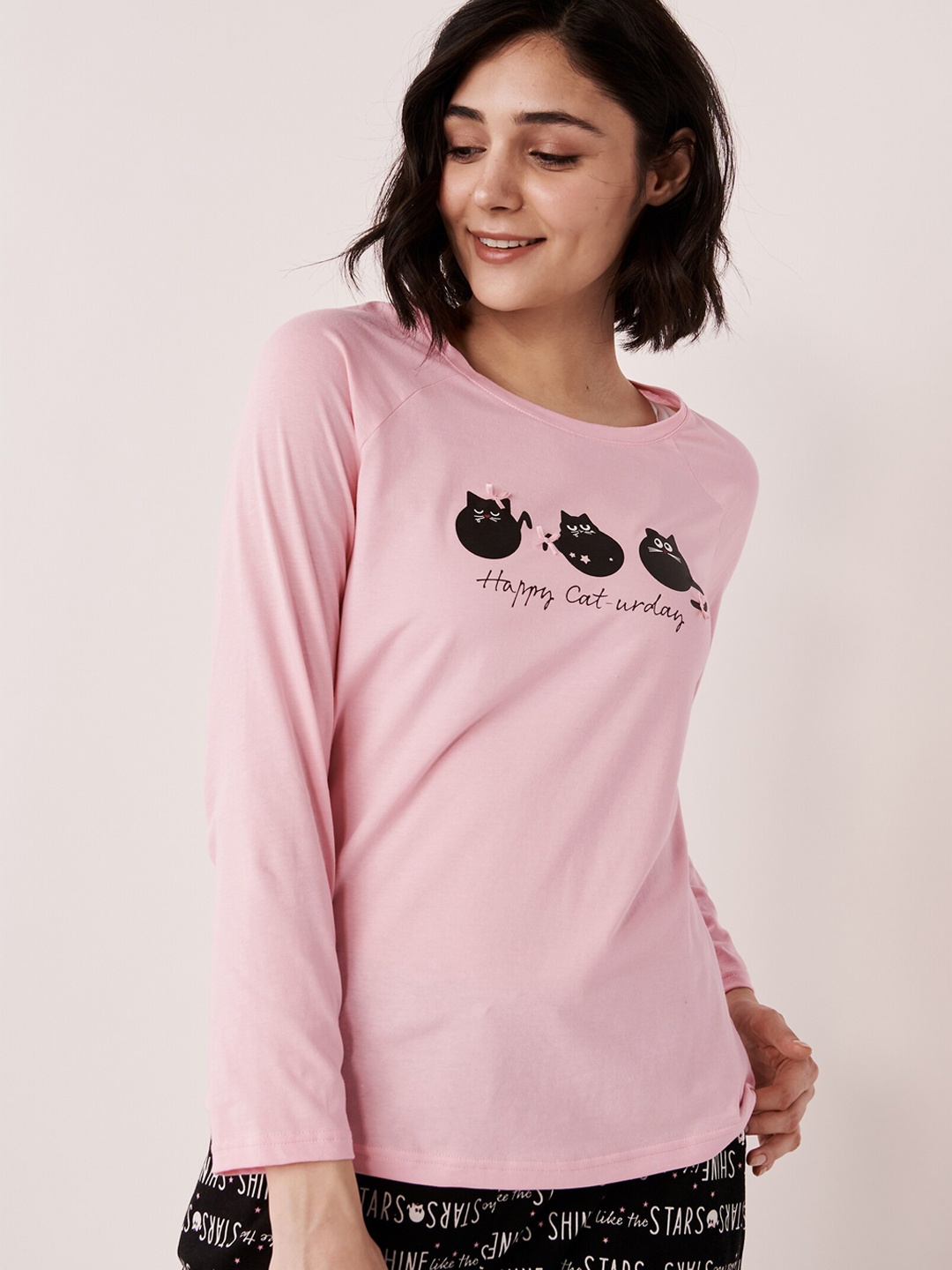 

La Vie en Rose Women Pink & Black Printed Pure Cotton Lounge Tshirts