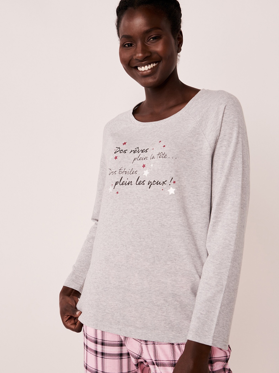 

La Vie en Rose Women Grey & White Printed Pure Cotton Lounge Tshirts