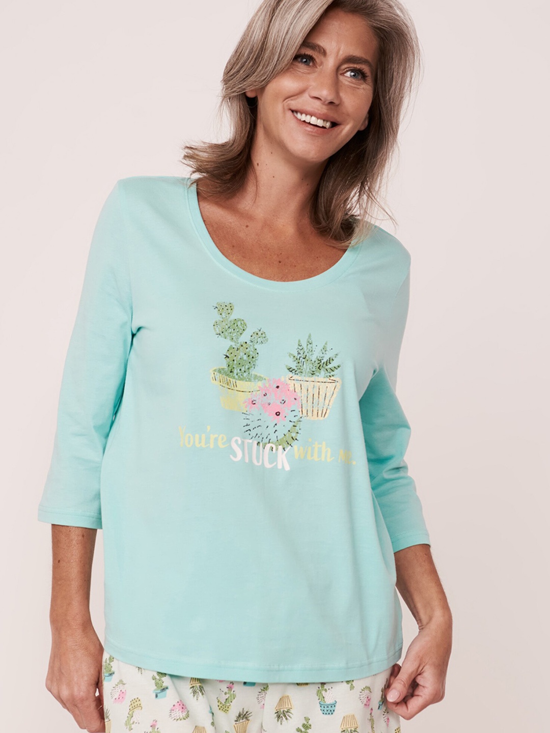 

La Vie en Rose Women Blue & Green Printed Pure Cotton Lounge Tshirts