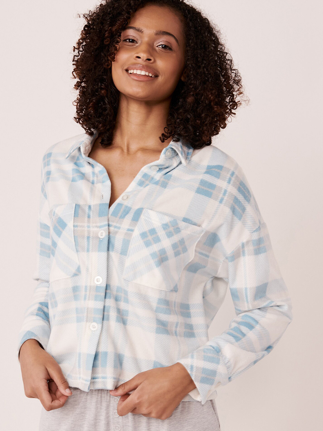

La Vie en Rose Women Blue Checks Shirt Collar Sleep Shirt