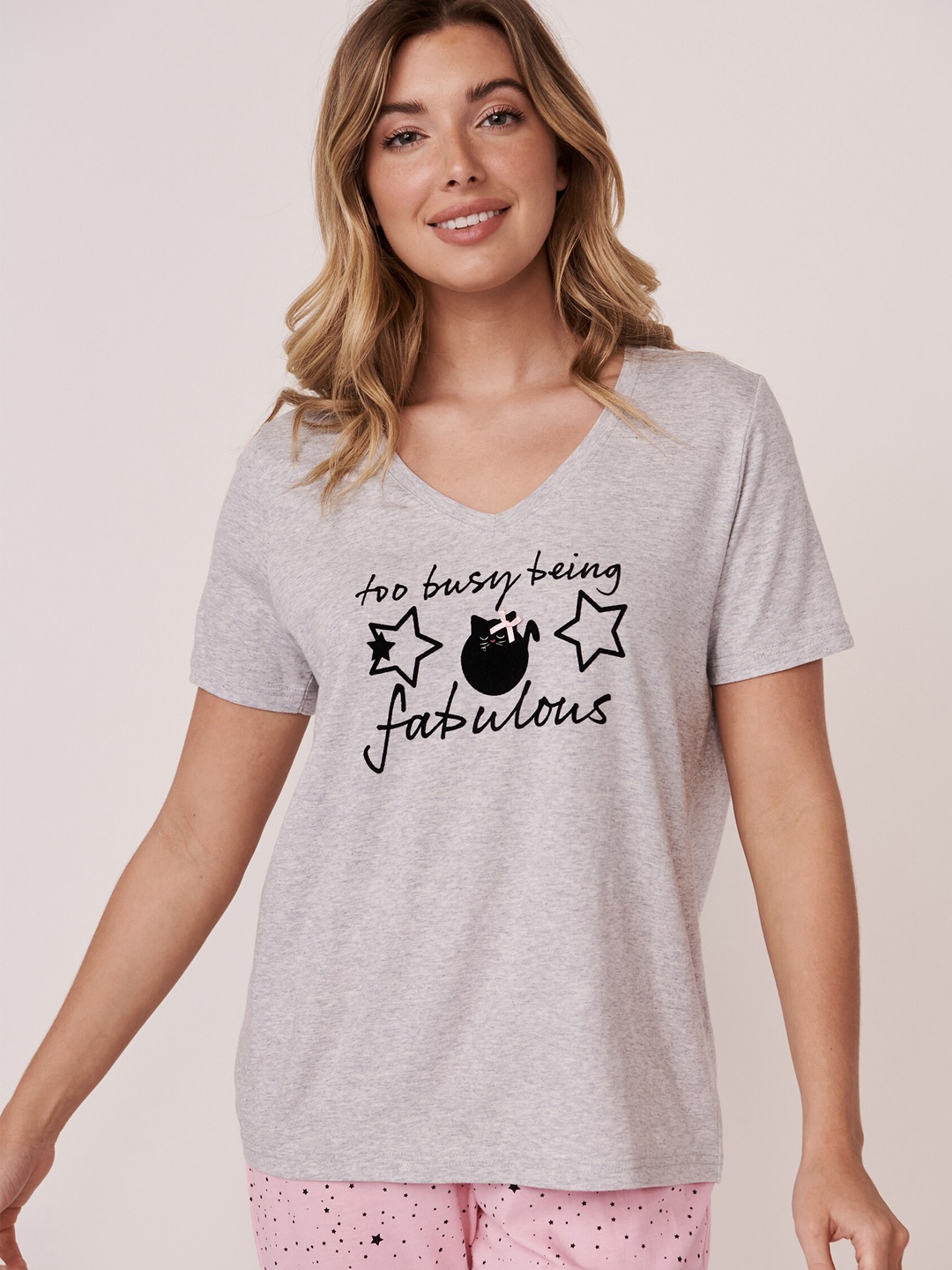 

La Vie en Rose Women Grey Printed Pure Cotton Lounge Tshirt