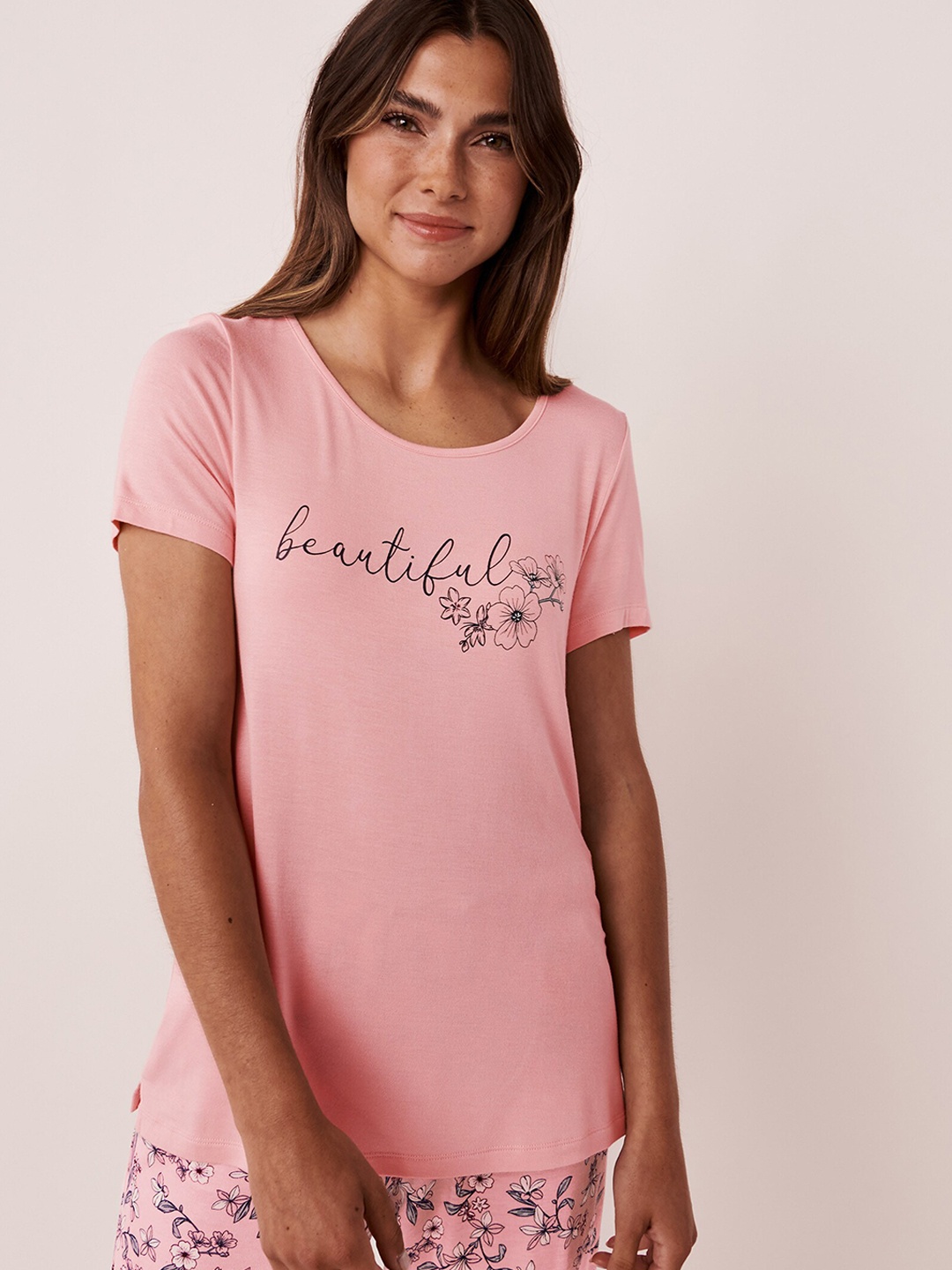 

La Vie en Rose Women Pink & Black Printed Lounge Tshirt
