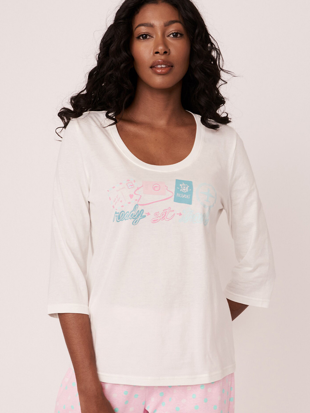 

La Vie en Rose Women White & Blue Printed Pure Cotton Lounge Tshirt