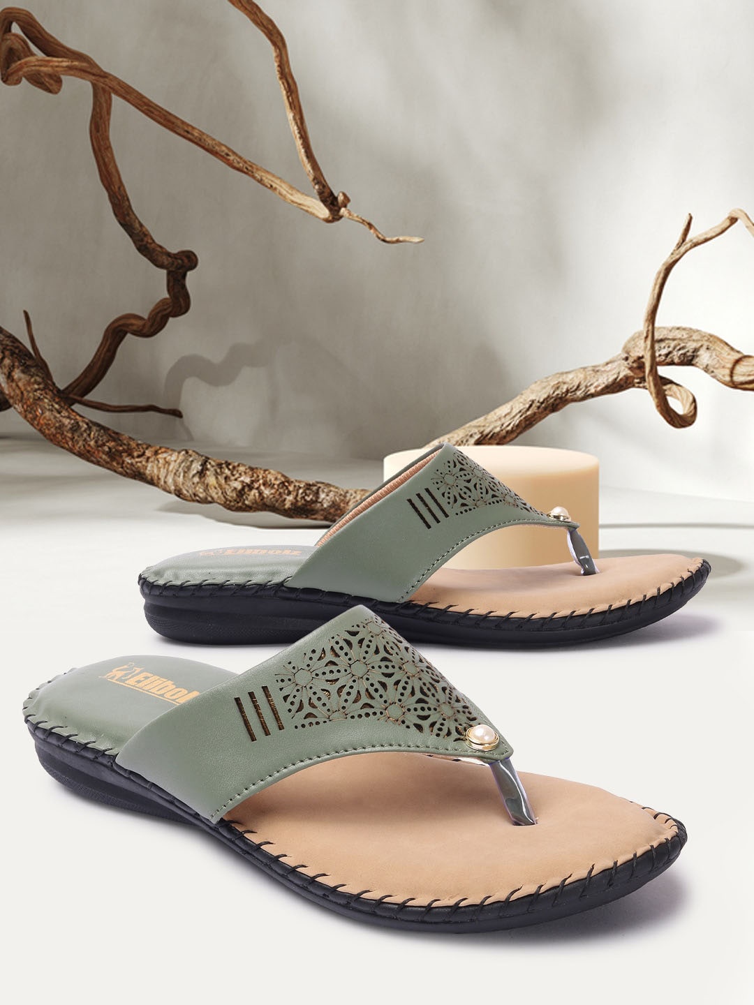 

Elibolz Women Olive Green Open Toe Flats with Laser Cuts