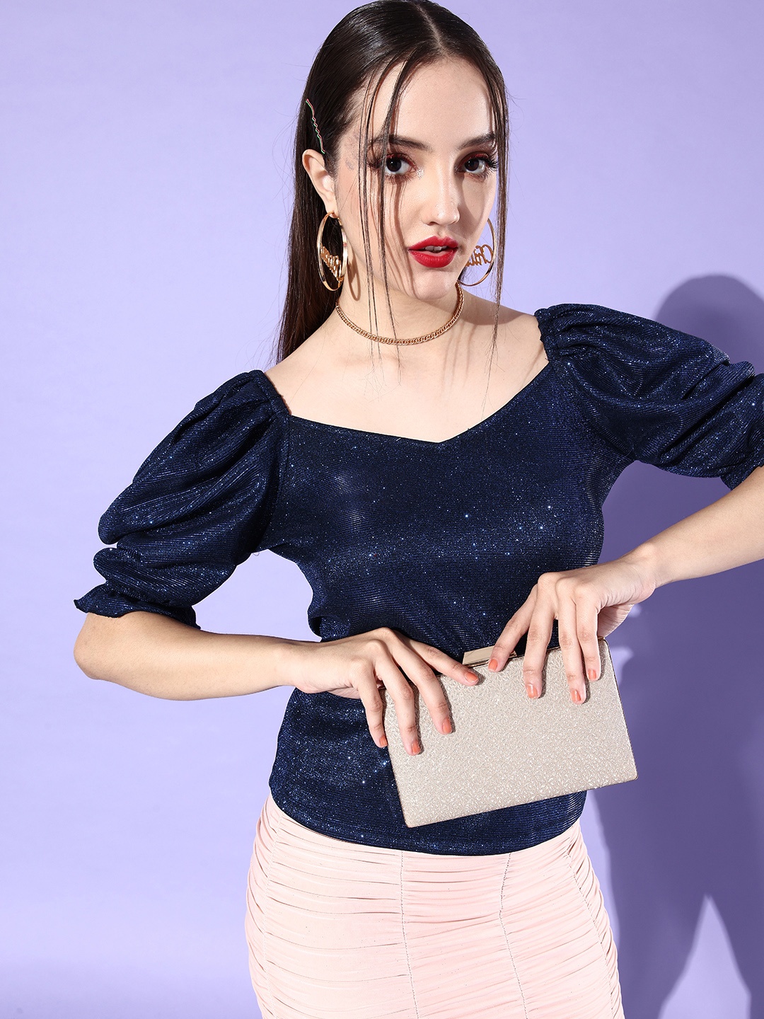 

Style Quotient Women Navy Blue Sweetheart Neck Top