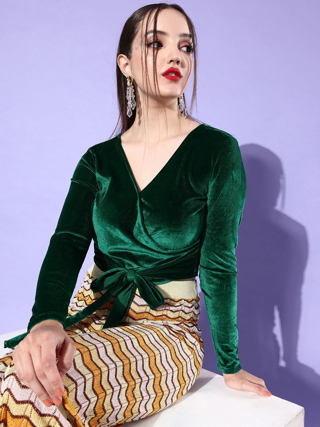 

Style Quotient Women Green Solid Velvet Wrap Top