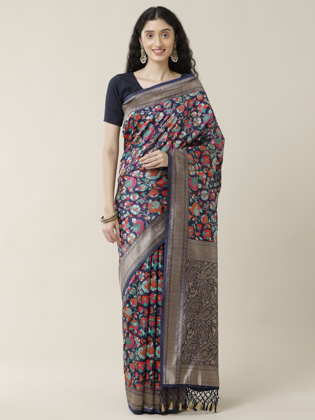 

SAMITTE Navy Blue & Green Floral Zari Saree