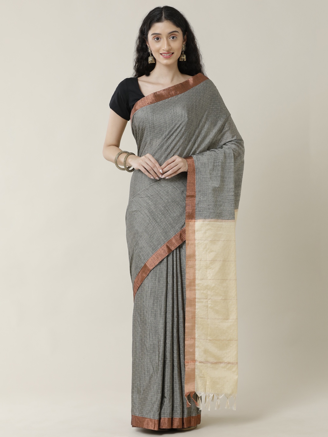 

SAMITTE Steel & Beige Striped Zari Maheshwari Saree