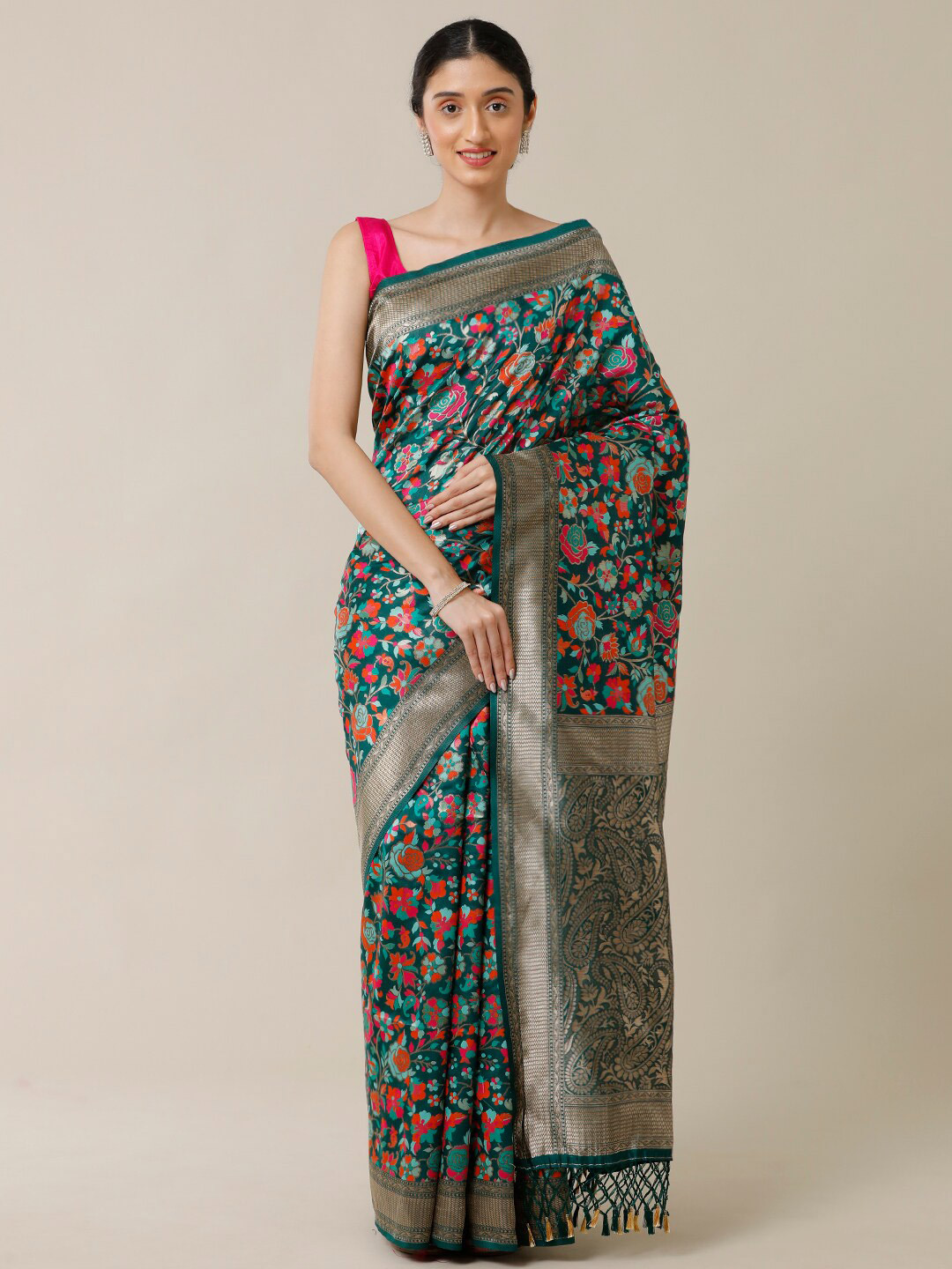 

SAMITTE Green & Red Floral Zari Saree