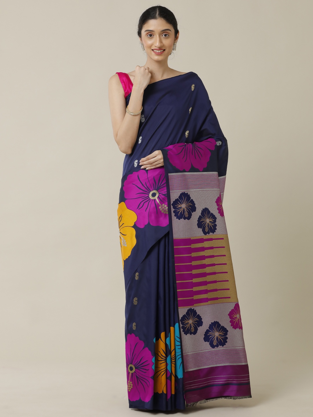 

SAMITTE Navy Blue & Pink Floral Uppada Saree