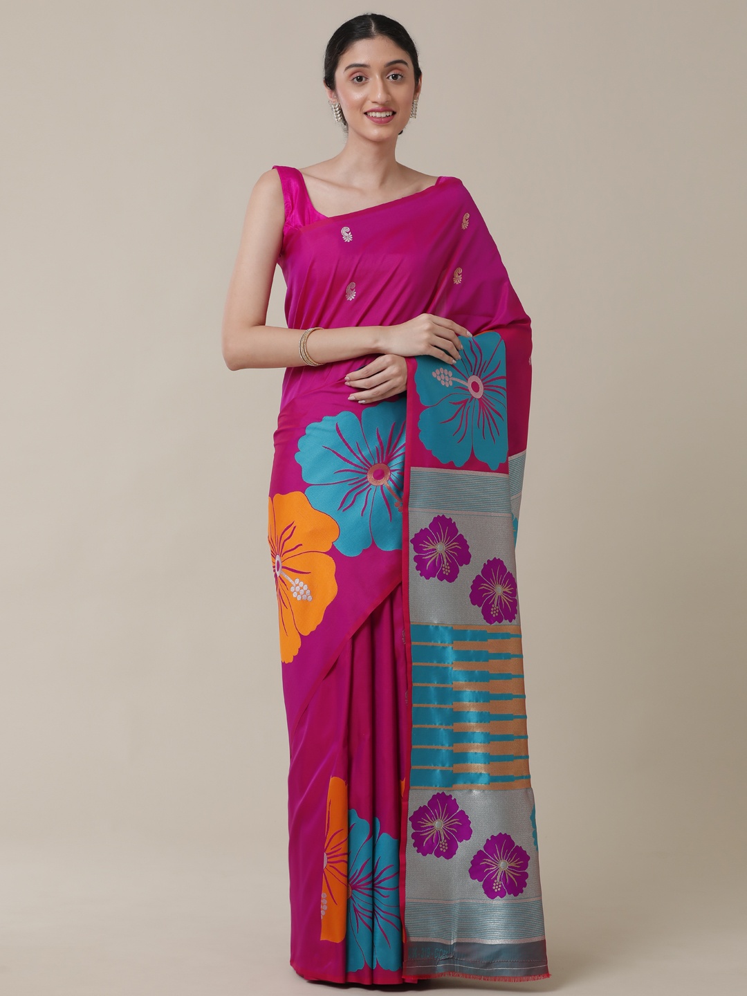

SAMITTE Pink & Orange Floral Uppada Saree
