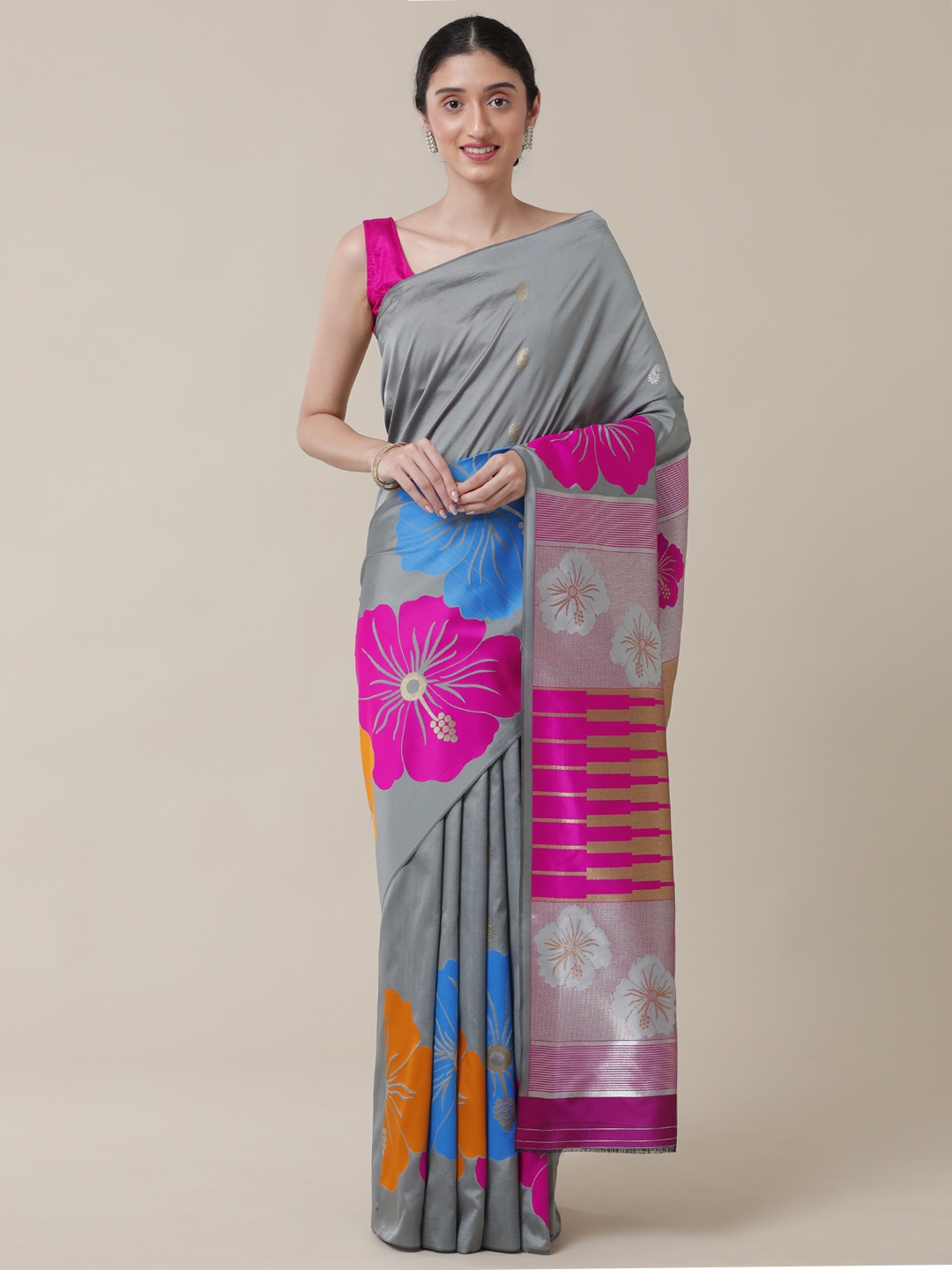 

SAMITTE Grey & Pink Floral Zari Uppada Saree
