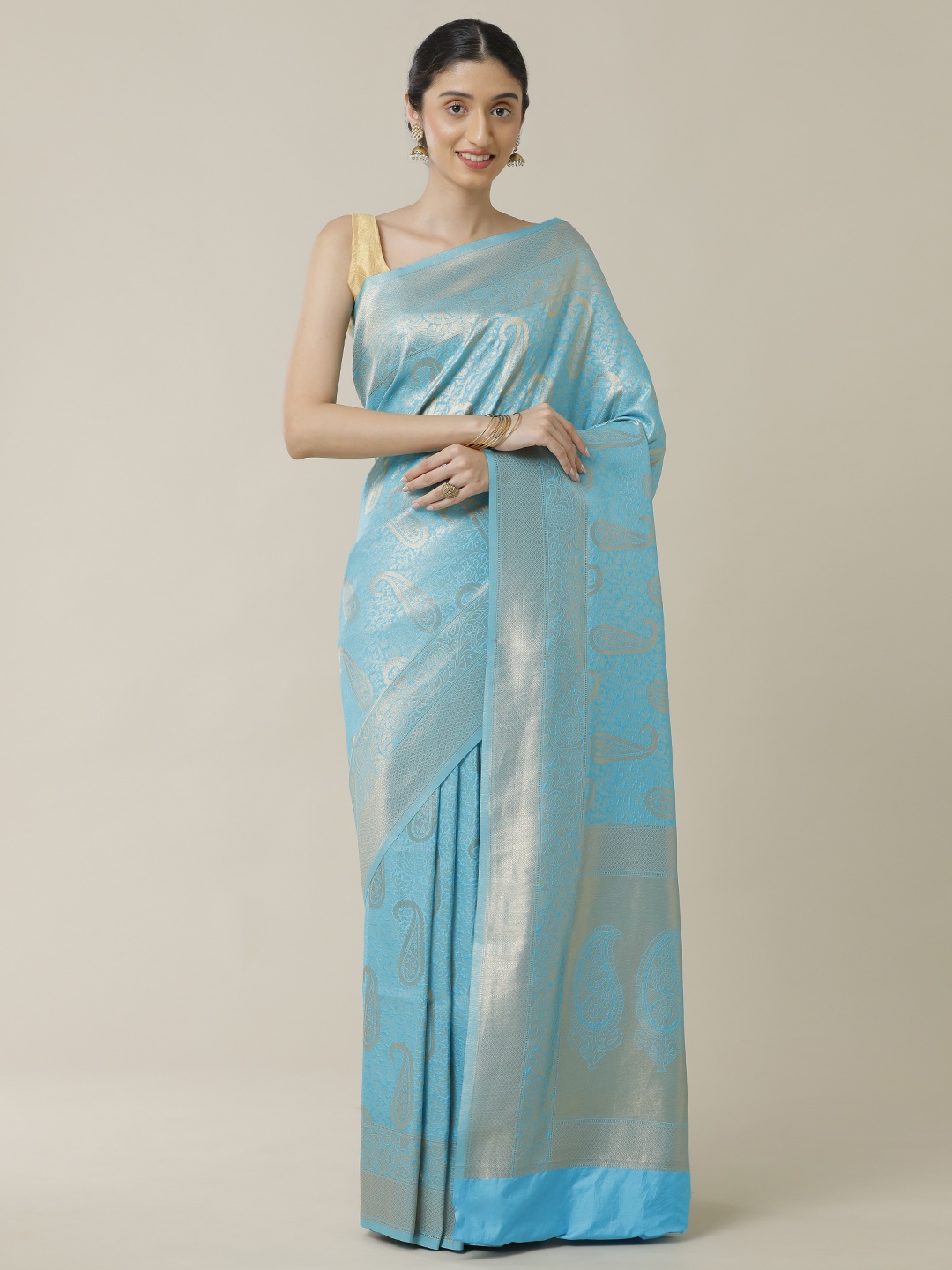 

SAMITTE Blue & Silver-Toned Paisley Zari Brocade Banarasi Saree